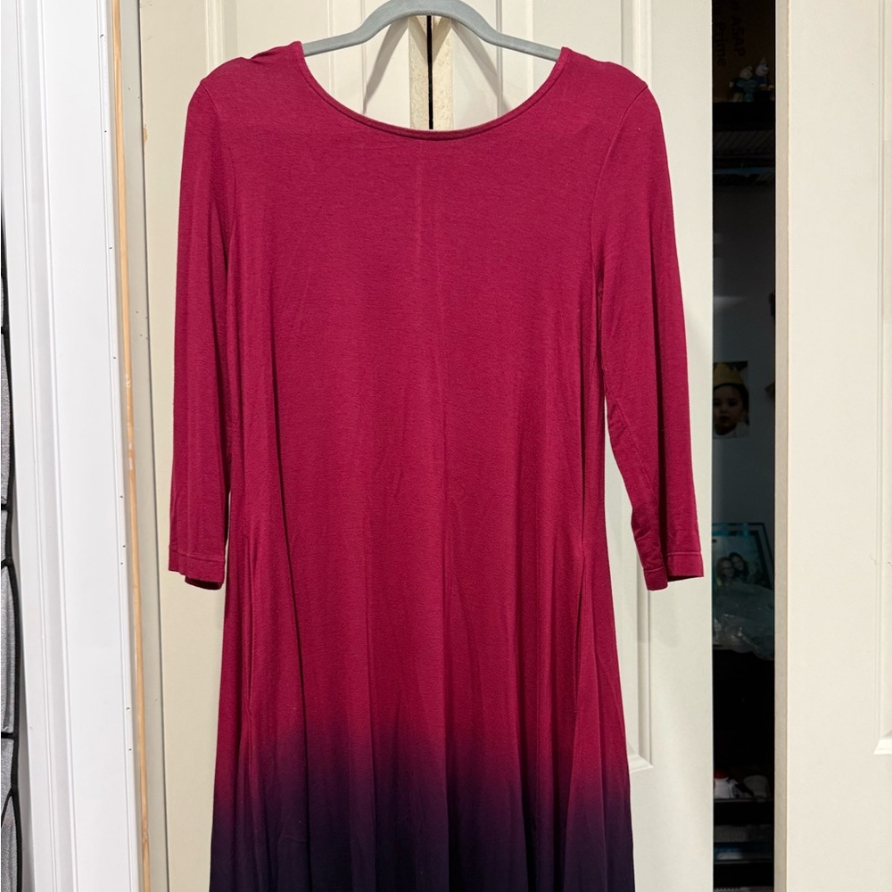 Nina Leonard Burgundy to Black Ombre Long Sleeve Dress